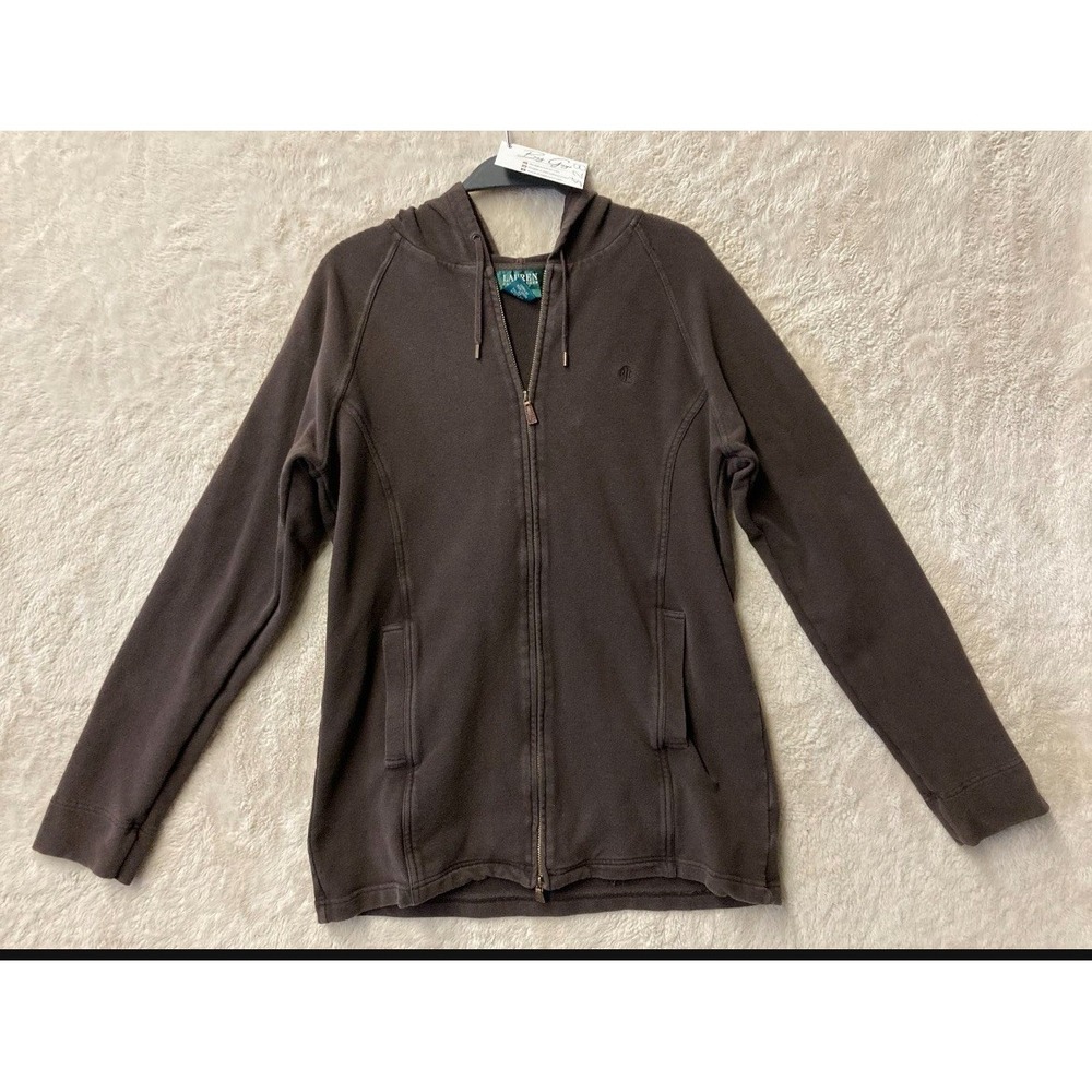 Vtg Lauren Ralph Lauren Women Sweatshirt Large Brown Full Zip Hoodie Pockets L